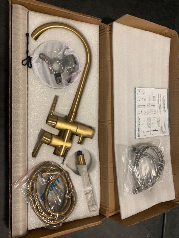 Photo 1 of Brushed Gold Freestanding Bathtub Faucet with Hand Shower Tub Filler Faucet Floor Mounted High Flow Single Handle Bath Filler Solid Brass
