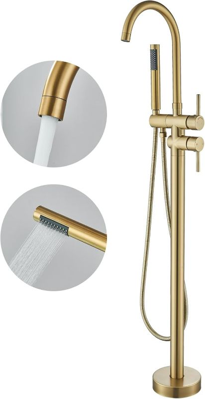 Photo 1 of Brushed Gold Freestanding Bathtub Faucet with Hand Shower Tub Filler Faucet Floor Mounted High Flow Single Handle Bath Filler Solid Brass
