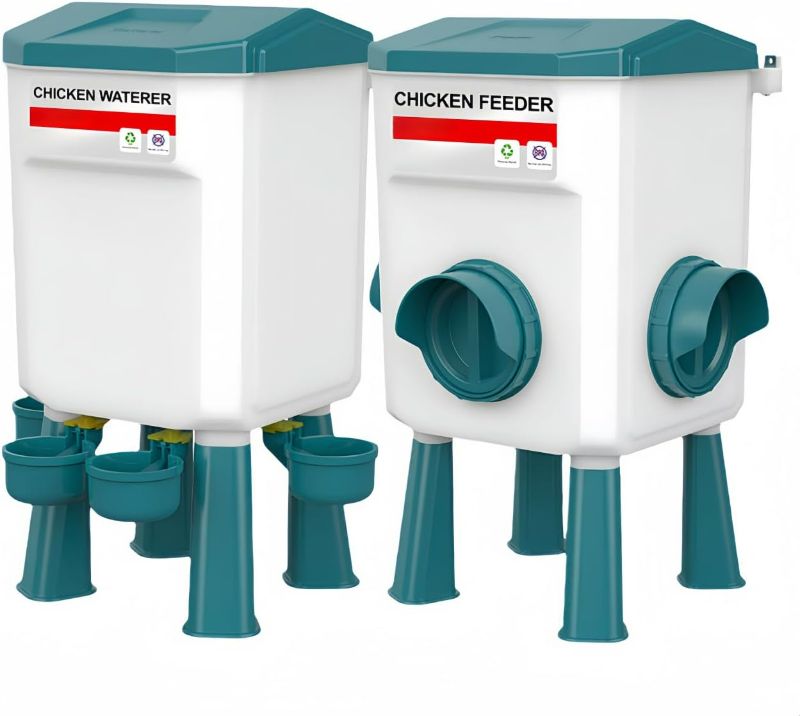 Photo 1 of Chicken Feeder and Chicken Waterer Set (3 Gallon/18 Pounds) - Hanging Automatic Chicken Feeder No Waste - Chicken Coop Accessories - Poultry Waterer (Blue)
