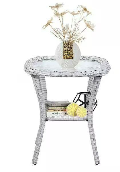 Photo 1 of Arcline Light Beige Square Wicker Outdoor Side Table with Tempered Glass Top Porch PE Rattan End Table for Garden
