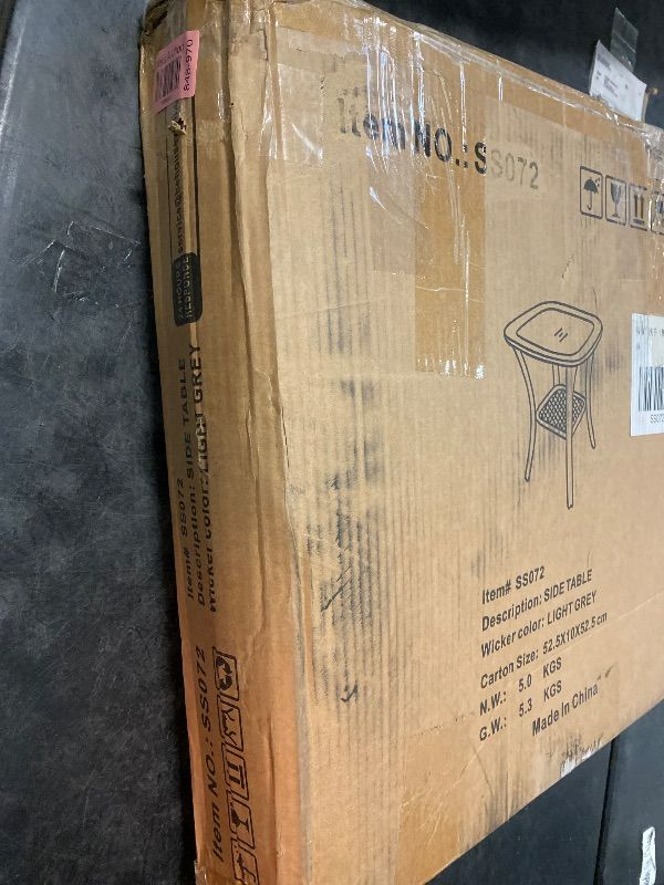 Photo 1 of Arcline Light Beige Square Wicker Outdoor Side Table with Tempered Glass Top Porch PE Rattan End Table for Garden
