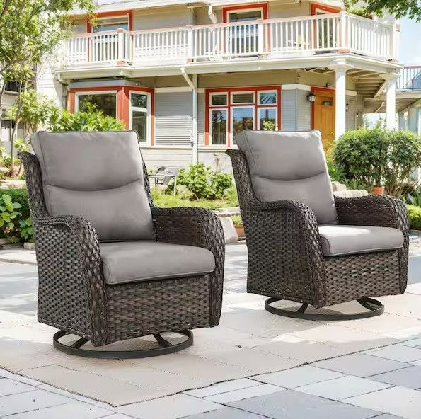 Photo 1 of LunaCurve Brown Swivel Glider Wicker Outdoor Rocking Chair with 5 in. Gray Cushions (2-Pack)