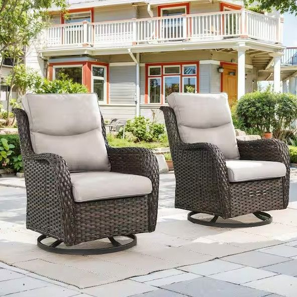 Photo 1 of (Parts Only For ) LunaCurve Brown Swivel Glider Wicker Outdoor Rocking Chair with 5 in. Beige Cushions (2-Pack)
