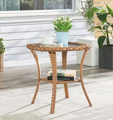 Photo 1 of ArcoBay Yellow Square Wicker Outdoor Side Table with Tempered Glass Top and Lower Wicker Storage Shelf
