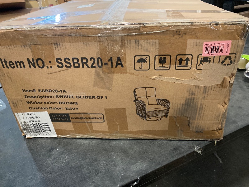 Photo 1 of Carlos 1-Person High Back Brown Wicker Outdoor Swivel Rocking Chair Patio Swivel Glider with Navy Blue Cushions
