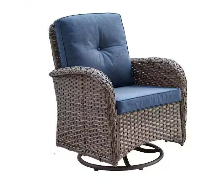 Photo 1 of Carlos 1-Person High Back Brown Wicker Outdoor Swivel Rocking Chair Patio Swivel Glider with Navy Blue Cushions
