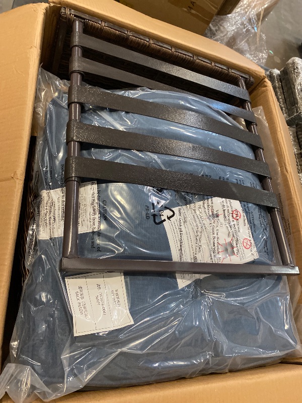 Photo 1 of Carlos 1-Person High Back Brown Wicker Outdoor Swivel Rocking Chair Patio Swivel Glider with Navy Blue Cushions
