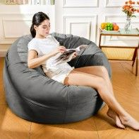 Photo 1 of 4FT Bean Bag Chair, Minimalist Bean Bag with Velvet Cover, Fluffy and Comfy Bean Bag for Adults, Bean Bag Sofa Filled with High-Density Sponge for Gaming (Grey)