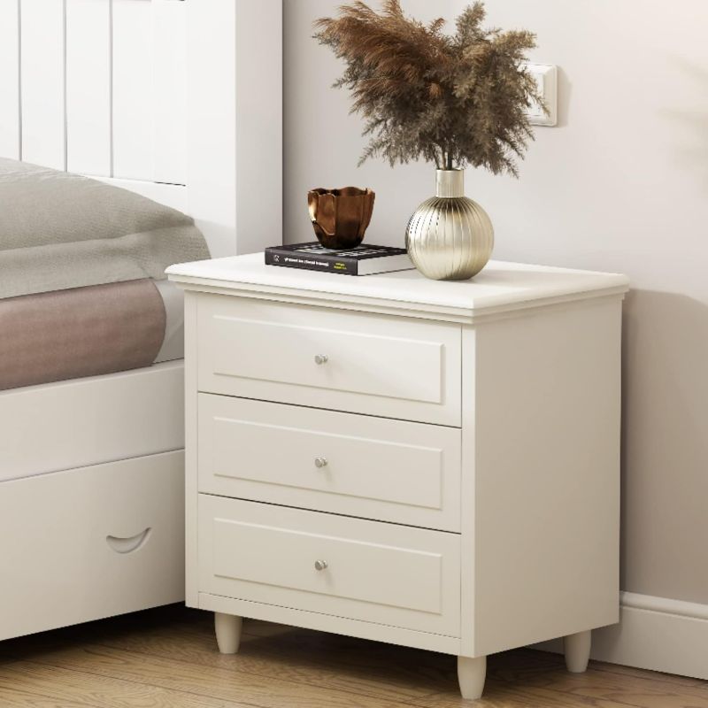 Photo 1 of AWQM White End Table , Night Table Round Metal knob, 3 Drawers Bedside Table Dresser, Sofa Side Table with Storage Small Cabinet Accent Table for Bedroom, Living Room, Entryway, Office, White
