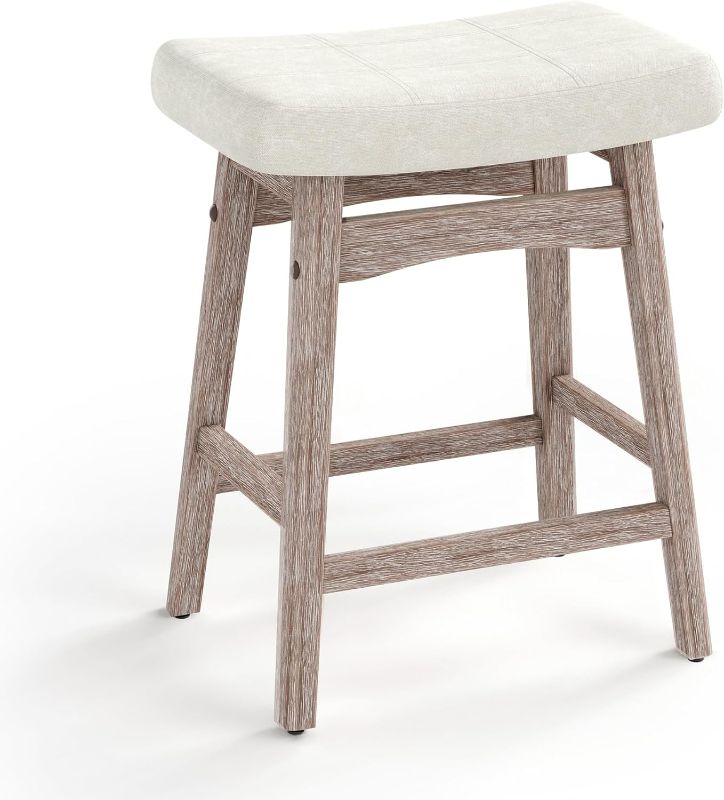 Photo 1 of MAISON ARTS Counter Height Bar Stool for Kitchen Counter Solid Wood Legs with Fabric Saddle Seat Farmhouse Barstool for 34"-38" Counter Island Upholstered Stool, 24in, Creamy White Cushion,1pc