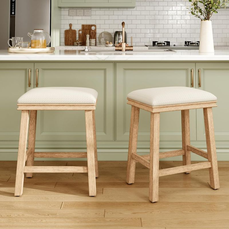 Photo 1 of MAISON ARTS Off White Counter Height 24 inch Bar Stools Set of 2 for Kitchen Counter Solid Wood Legs with Faux Leather Padded Seat Farmhouse Barstools for 34"-38" Counter Island Upholstered Stools
