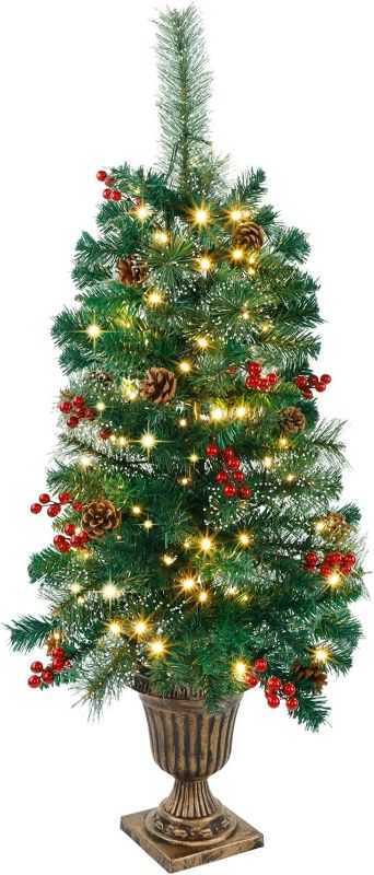 Photo 1 of Juegoal 3 FT Christmas Tree, Upgrade Pre-Lit Crestwood Spruce Entrance Tree with 100 LEDs Lights, Pine Cones, Red Berries in Gold Urn Base for Front Door, Porch, Entryway Xmas Home Decorations, 2 Pack