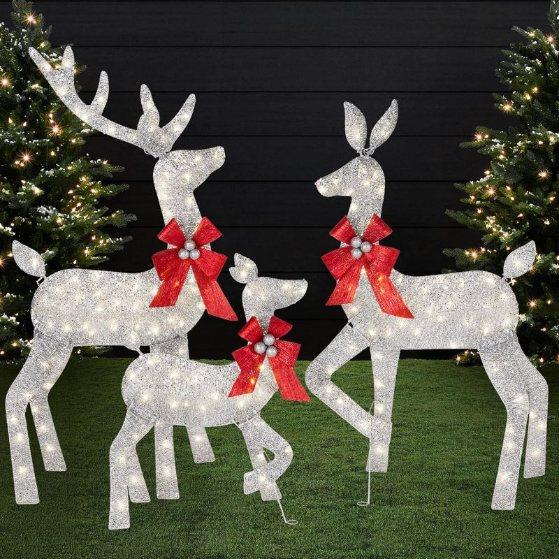 Photo 1 of Best Choice Products 4ft 3-Piece 2D Lighted Christmas Deer Family Set, Large Outdoor Yard Reindeer Holiday Decoration with 175 LED Lights, Stakes, Zip Ties - Silver
