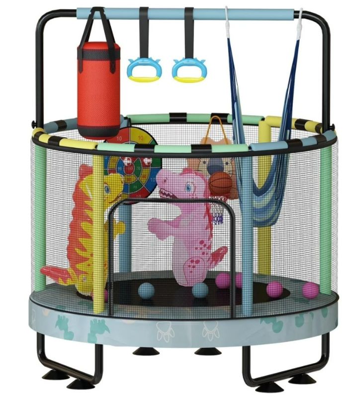 Photo 1 of Baxluxe 55" 7-in-1 Upgraded Kids Trampoline, Reinforced Safe Design with Adjustable Height & Net, 500lbs Capacity Indoor and Outdoor Mini Trampoline for Boys & Girls Ages 3-8, Blue Dinosaur
