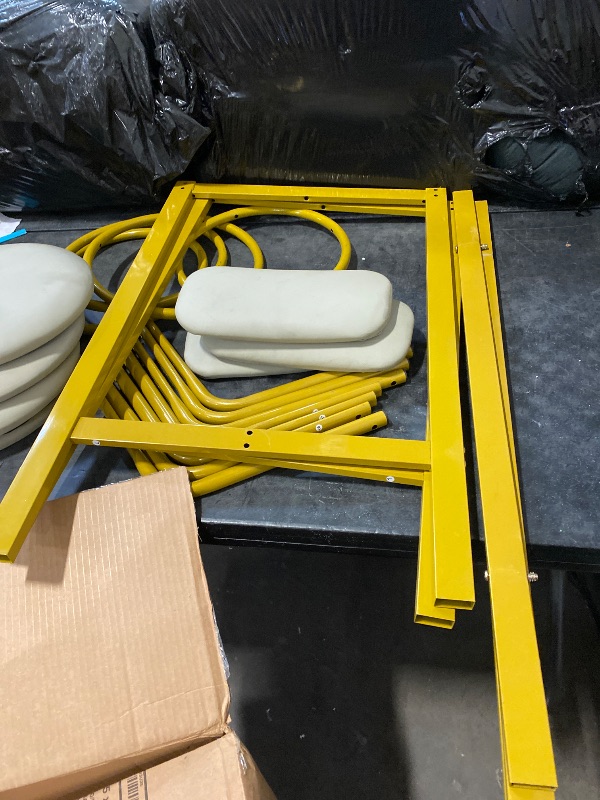 Photo 1 of Lamerge Bar Table Set for 4 Kitchen Table and Chairs Set, Industrial Dinner Table with 4 PU Upholstered Stools Kitchen Pub Table for Kitchen, Space Saving, Restaurant, Gold and White
