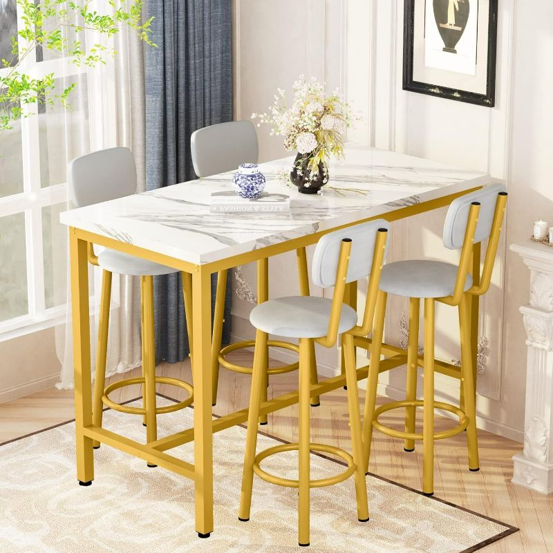 Photo 1 of Lamerge Bar Table Set for 4 Kitchen Table and Chairs Set, Industrial Dinner Table with 4 PU Upholstered Stools Kitchen Pub Table for Kitchen, Space Saving, Restaurant, Gold and White
