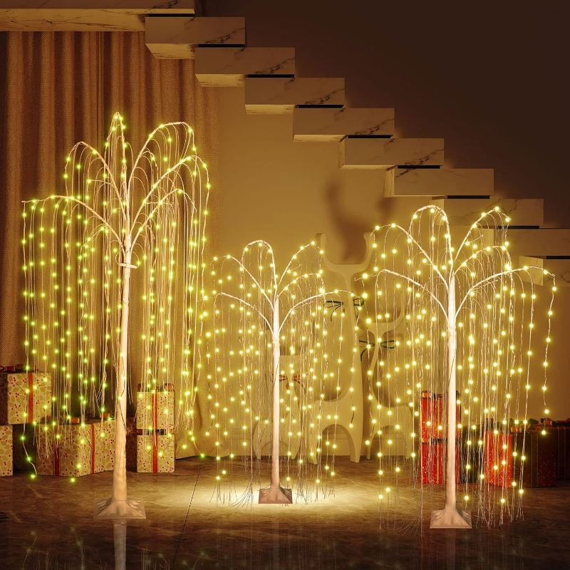Photo 1 of  Lighted Willow Tree , Pack of 3, Colorful RGB LED Artificial Tree with Remote Control, Prelit Weeping Willow Christmas Decorations for Indoor Outdoor Yard Patio
