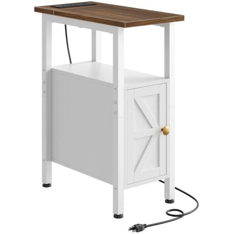 Photo 1 of CHOEZON Farmhouse End Table, Narrow Side Table for Small Spaces, Slim Nightstand with Charging Station, with 2 AC Outlets, 1 USB and 1 Type-C Port, for Living Room, Bedroom, White TBZ08UWL

