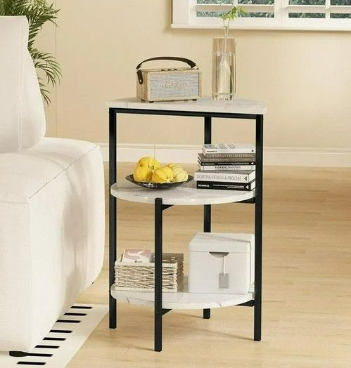 Photo 1 of Lamerge Faux Marble Side Table, 3 Tier Storage Side Table, Small Round Coffee Table, Bedside Table with Metal Frame for Living Room Bedroom, White , Black
