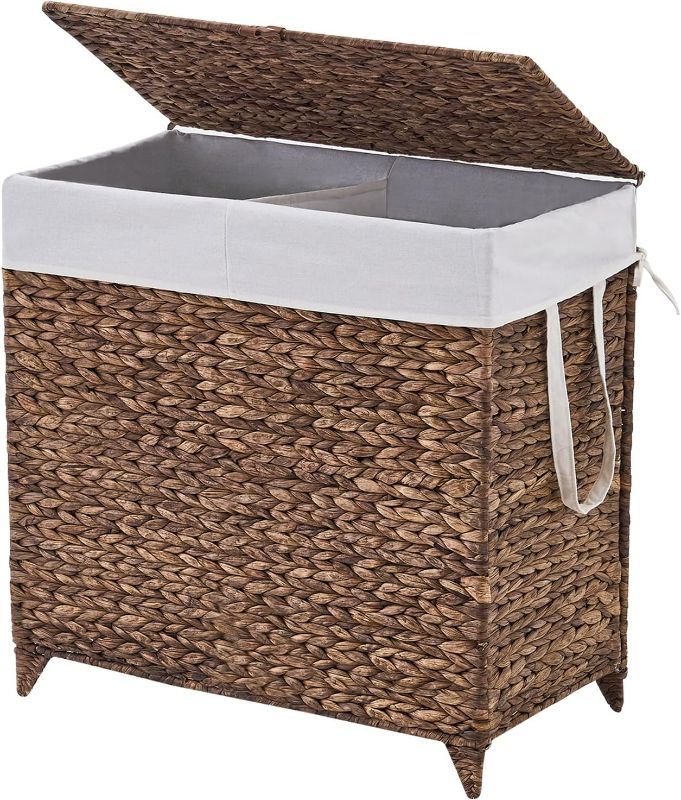 Photo 1 of Laundry Hamper with Lid and Removable Liner Bag, Handwoven Natural Hyacinth Clothes Hamper with Heightened Feet, Wicker Laundry Basket for Clothes and Towels Large, 2-sections