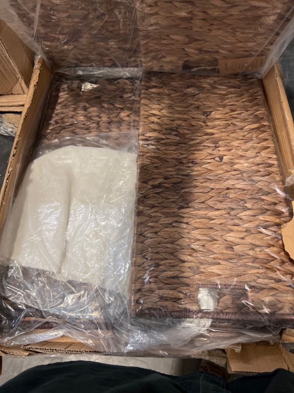 Photo 1 of Laundry Hamper with Lid and Removable Liner Bag, Handwoven Natural Hyacinth Clothes Hamper with Heightened Feet, Wicker Laundry Basket for Clothes and Towels Large, 2-sections