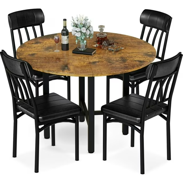 Photo 1 of AWQM 4 People Round Table Set, Wooden Dining Room Round Table and Chairs Set with Metal Frame with 4 PU Upholstered Chairs for Kitchen, Apartment, Dining Room, Brown
