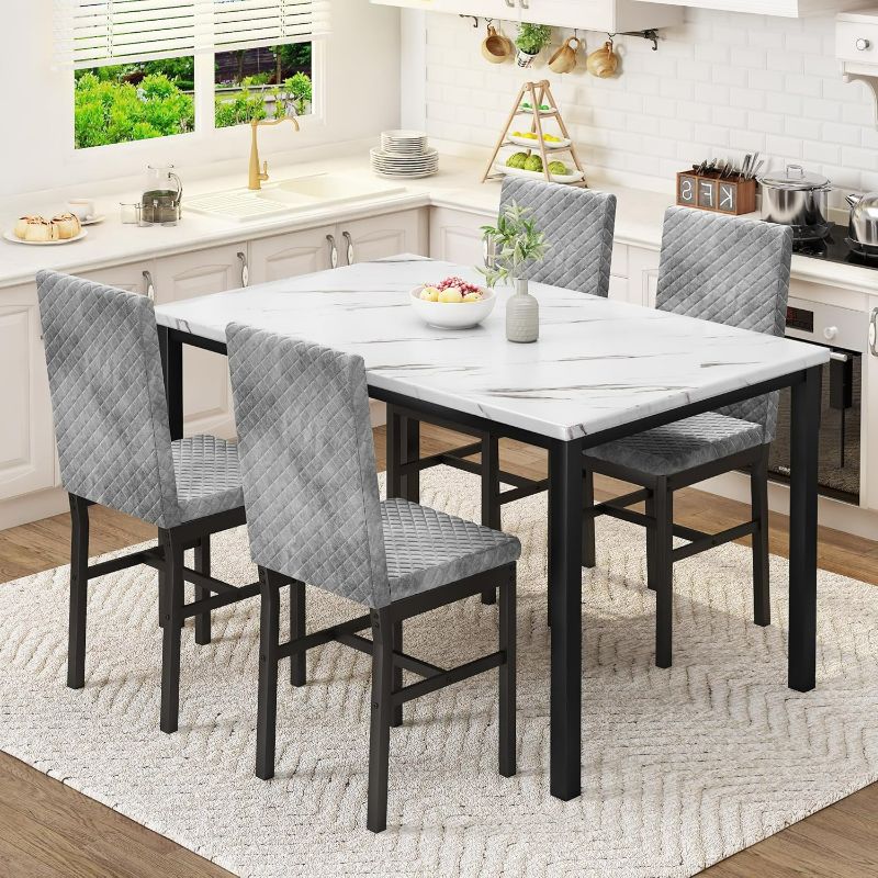 Photo 1 of DKLGG Dining Table Set for 4, Faux Marble Kitchen Table with Velvet Upholstered Dinner Chairs, Small Dining Room Sets for Small Space Apartment Home
