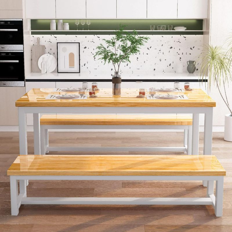 Photo 1 of AWQM 43.3" Dining Table Set for 4, Kitchen Dining Table with 2 Benches, Dining Room Table Set with Metal Frame & Thickened Board for Kitchen, Restaurant, Oak