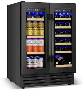 Photo 1 of 24 in. Dual Zone 18-Wine Bottles and 88-Can Built-In and Freestanding with French Door Beverage and Wine Cooler in Black

