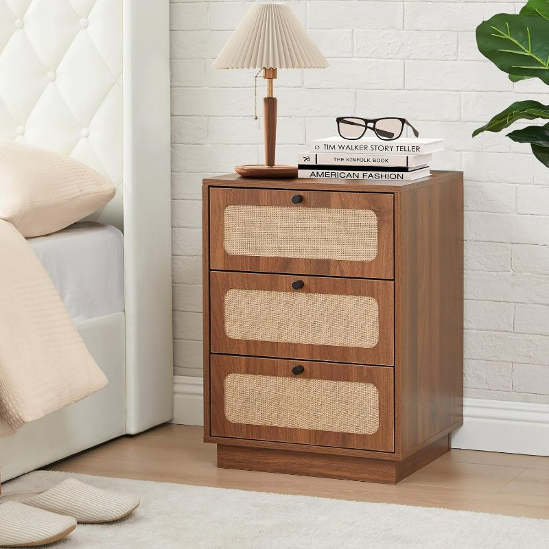 Photo 1 of AVZEAR Mid Century Night Stand with 3 Drawers, Farmhouse End Table with Storage & Curved Linen Panel, Modern Nightstands Bedside Table Small Side Table for Small Space, Bedroom(Walnut)
