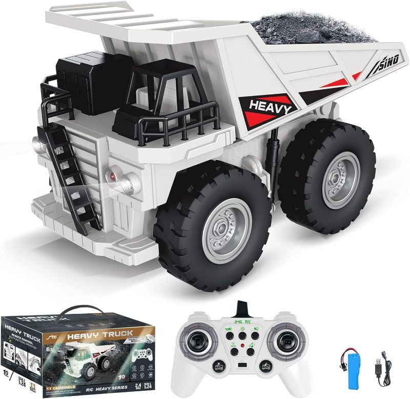 Photo 1 of Remote Control Dump Truck, 11CH RC Dump Truck for &, 1:24 Scale RC Construction Vehicle Toy with Lights & Sounds, 1 Batteries, Christmas Birthday Gift for Teens 3-12, White