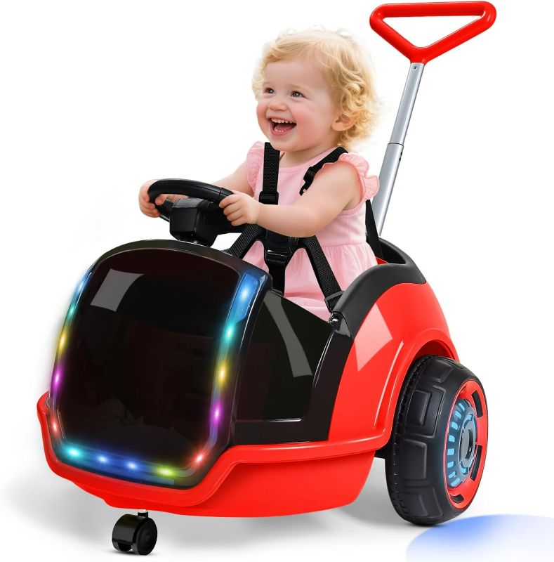 Photo 1 of ANPABO 3-in-1 Electric Push Ride On Car, 12V Kids Ride On Toy w/Remote Control, 360° Spin, 5-Point Safety Belt, Colorful LED Light, Music Player, Push Car for Toddler Ages 1-3 (Red)
