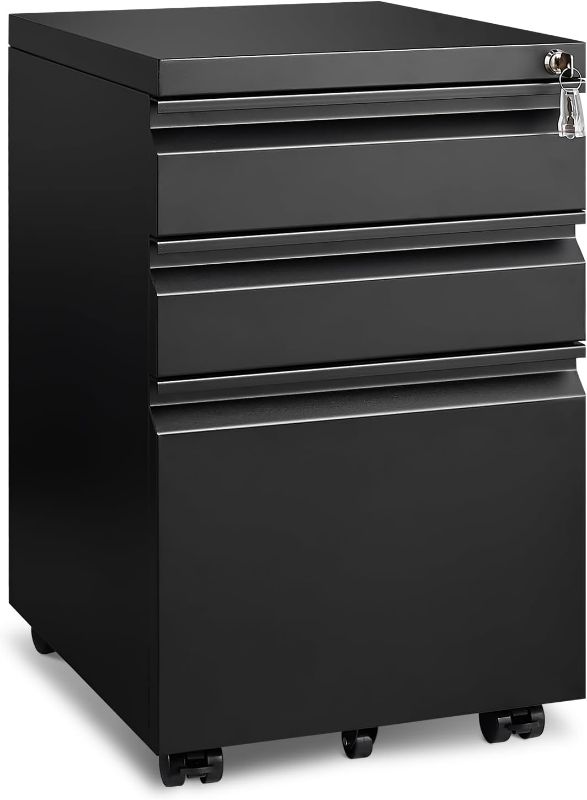Photo 1 of 3 Drawer File Cabinet for Home Office, Under Desk Mobile Filing Cabinet with Lock for A4-Size/Letter-Size/Legal-Size, Black (HSEJ-3D)