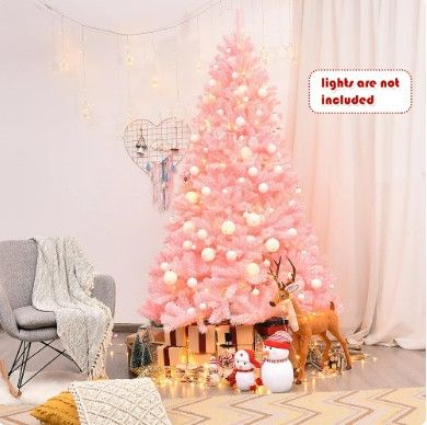 Photo 1 of Costway 7.5Ft Hinged Artificial Christmas Tree Full Fir Tree New PVC w/ Metal Stand Pink