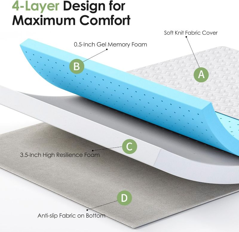 Photo 1 of 4 Inch Gel Memory Foam Sofa Mattress Full Size, Mattress Replacement for Sleeper Sofa, Couch Bed, Guest Rooms, RVs & Boats, with Washable Cover
