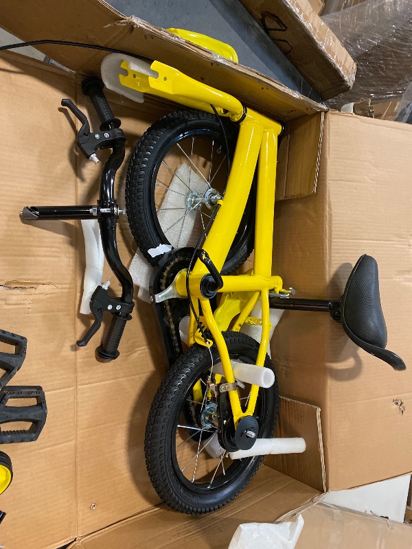 Photo 1 of 14 Inch Kids Bike, Boys Girls, Safety Dual Disc Brake Bicycle, Kids Bike with Training Wheels Yellow
