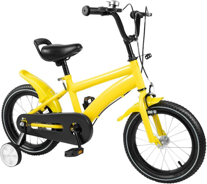 Photo 1 of 14 Inch Kids Bike, Boys Girls, Safety Dual Disc Brake Bicycle, Kids Bike with Training Wheels Yellow
