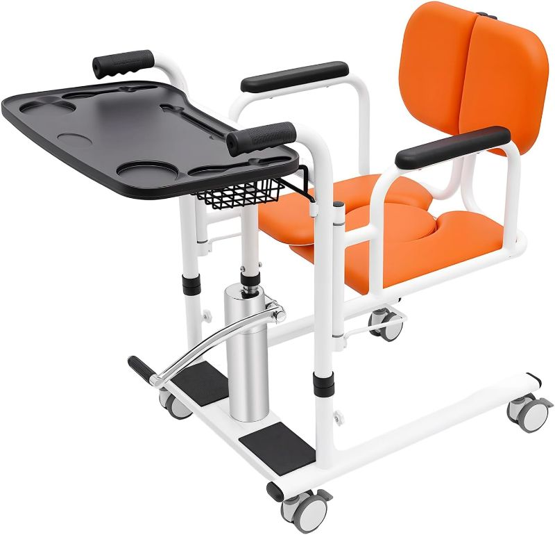 Photo 1 of Hydraulic Patient Lift Nursing Chair, Transport Wheelchair with Dining Table, 180° Open & Close, Adjustable Lifting Height Transfer Aid w/Potty for Home Elderly Nursing (Orange-330.7lbs)
