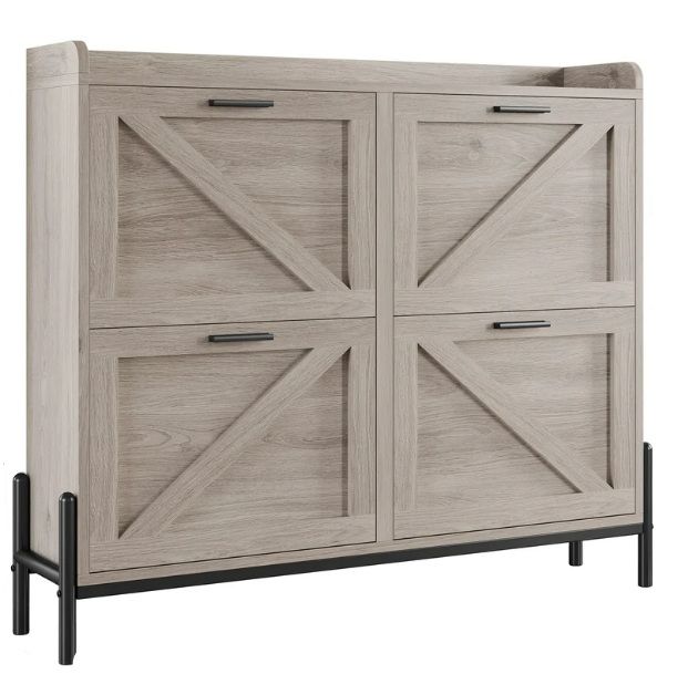 Photo 1 of IRONCK Farmhouse Shoe Storage Cabinet with 4 Flip Drawers, Freestanding Shoe Organizer with Adjustable Shelf for Entryway, Narrow Shoe Rack Cabinet for Hallway, Living Room, Gray