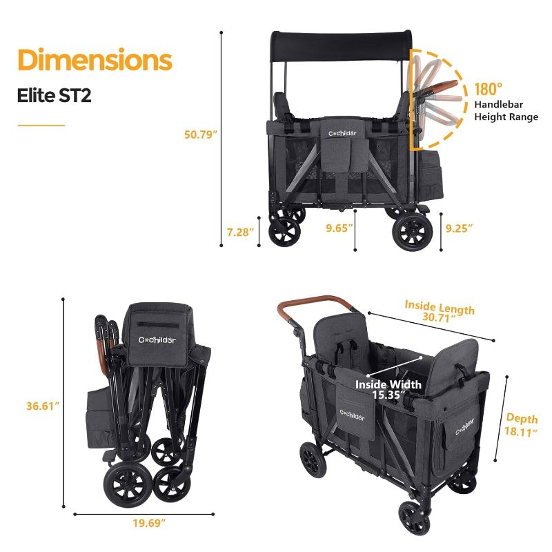 Photo 1 of Elite 2 Seater Wagon Stroller for Kids, Foldable Stroller Wagon with Removable Seats & Canopy, 5-Point Safety Harness, Adjustable Handle, Dark Gray
