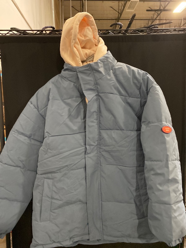 Photo 1 of (Size: L) Men's Hooded Winter Coat Couple Solid Padded Warm Jacket Casual Bubble Parka Overcoat