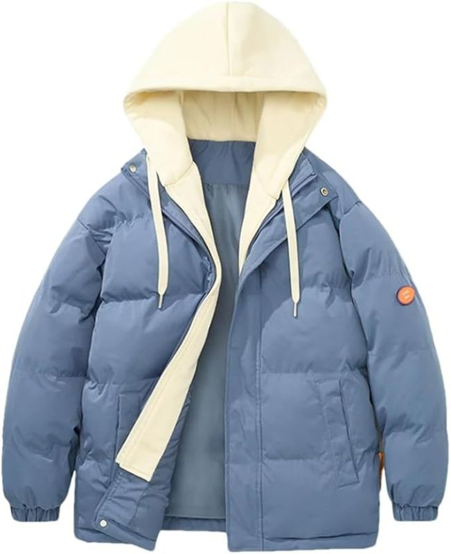 Photo 1 of (Size: L) Men's Hooded Winter Coat Couple Solid Padded Warm Jacket Casual Bubble Parka Overcoat