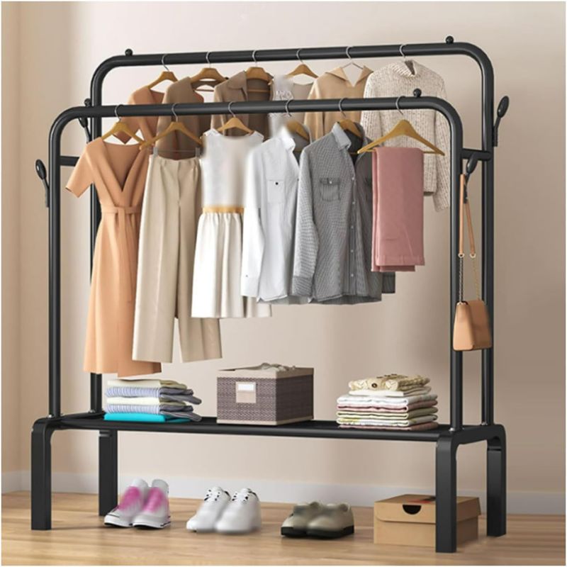 Photo 1 of Double Rod Clothing Rack Floor-Standing Garment Rack w/4 Hooks & Bottom Shelf Portable Metal Clothes Rack Modern Coat Stand for Clothing Store
