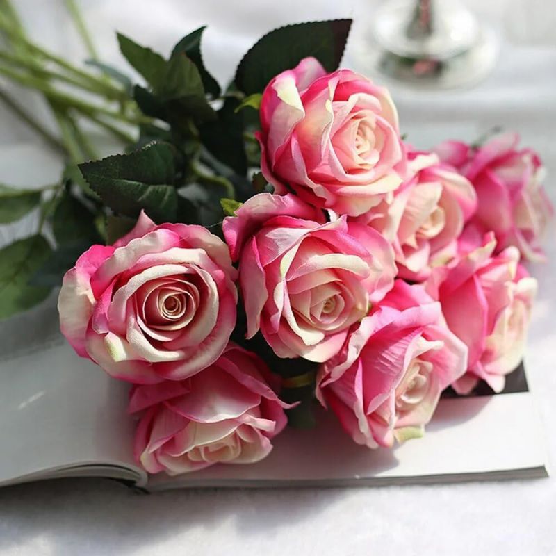 Photo 1 of 5 Pcs Artificial Fake Roses Flannel Flower Bridal Bouquet Wedding Party Home Decor