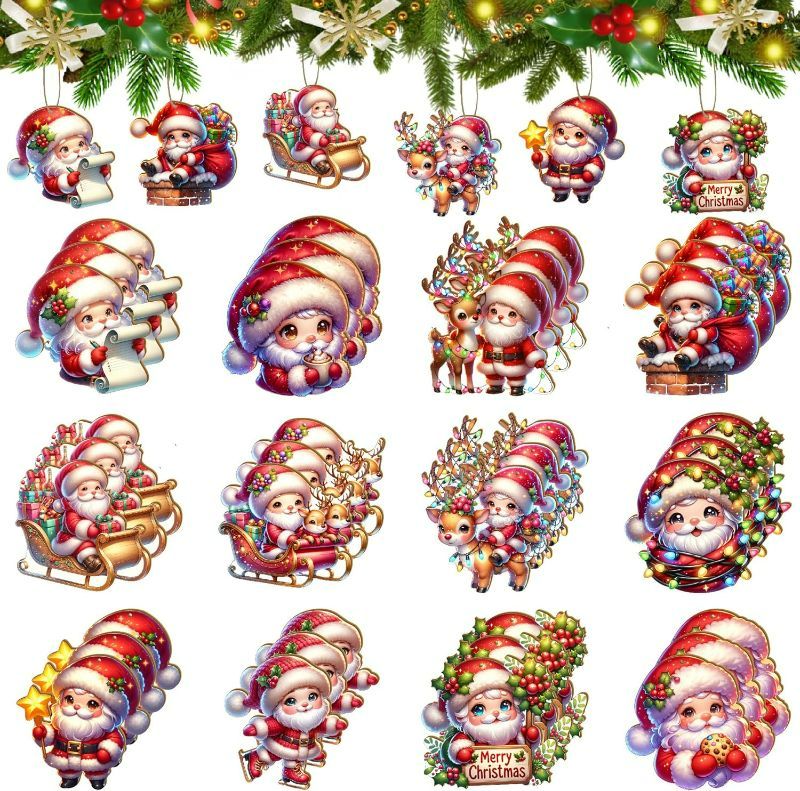 Photo 1 of 24PCS Wooden Santa Christmas Ornaments - 12 Unique Festive Designs for Tree & Holiday Decor