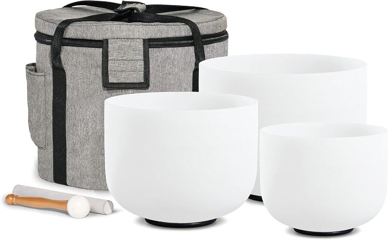 Photo 1 of CVNC Set of 3 PCS 440HZ 6" A Note 8" F Note and 10" C Note Frosted Chakra Quartz Crystal Singing Bowl with Carry Case Bag for Sound Healing Meditation