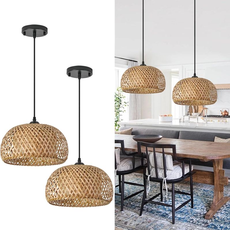 Photo 1 of TERLEENART Bamboo Pendant Light,Set of 2 Boho Round Basket Chandelier Handmade Woven Pendant Light, Natural Bamboo Rattan Hanging Chandelier for Kitchen Island Dining Room Living Room Porch
