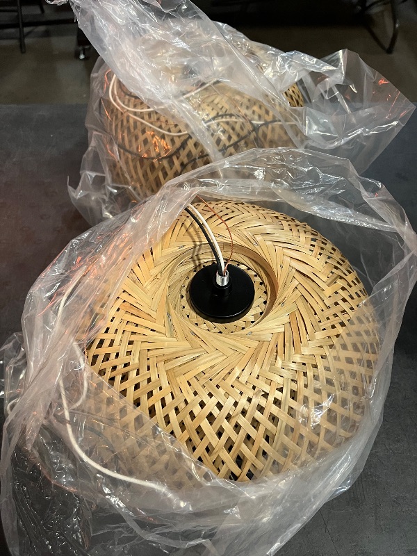 Photo 1 of TERLEENART Bamboo Pendant Light,Set of 2 Boho Round Basket Chandelier Handmade Woven Pendant Light, Natural Bamboo Rattan Hanging Chandelier for Kitchen Island Dining Room Living Room Porch
