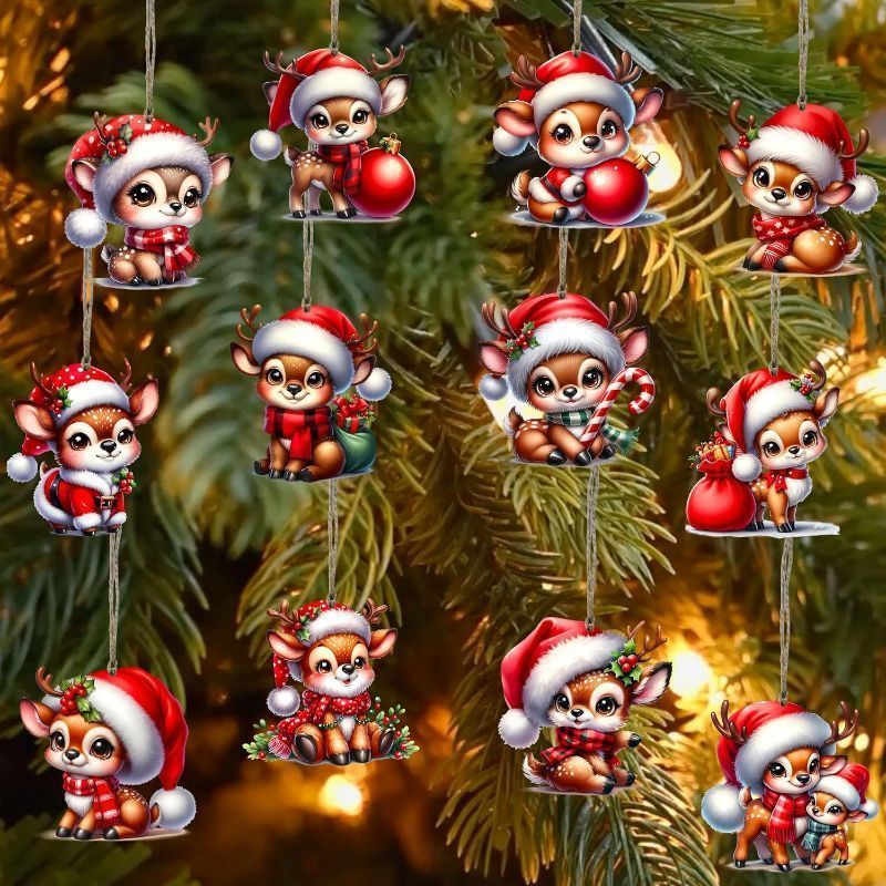 Photo 1 of 24Pcs 12-Design 3-Inch Adorable Christmas Reindeer Ornaments with Hemp Rope, Must-Have for Xmas Tree & Home Decor
