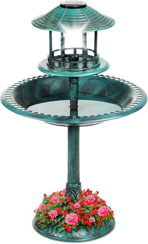 Photo 1 of Best Choice Products Solar Outdoor Bird Bath Vintage Resin Pedestal Fountain Decoration for Yard, Garden w/Planter Base, Feeder, Decorative Bird Cage, Fillable Stand - Green

